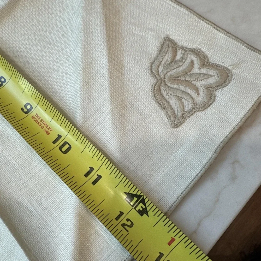 6 Vintage Linen Napkins Tone on Tone Embroidered Floral Tulip Farmhouse table